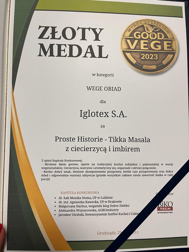 Złoty medal w konkursie Good Vege 2023 dla dania Proste Historie