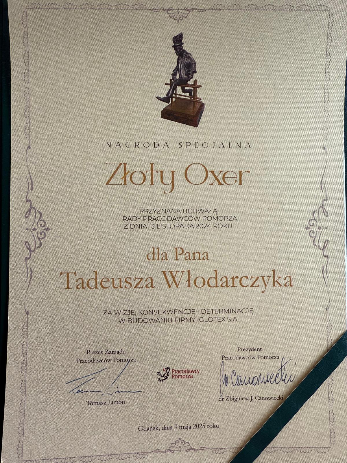 Złoty Oxer dla Tadeusza Włodarczyka – wyjątkowe wyróżnienie dla założyciela Grupy Iglotex
