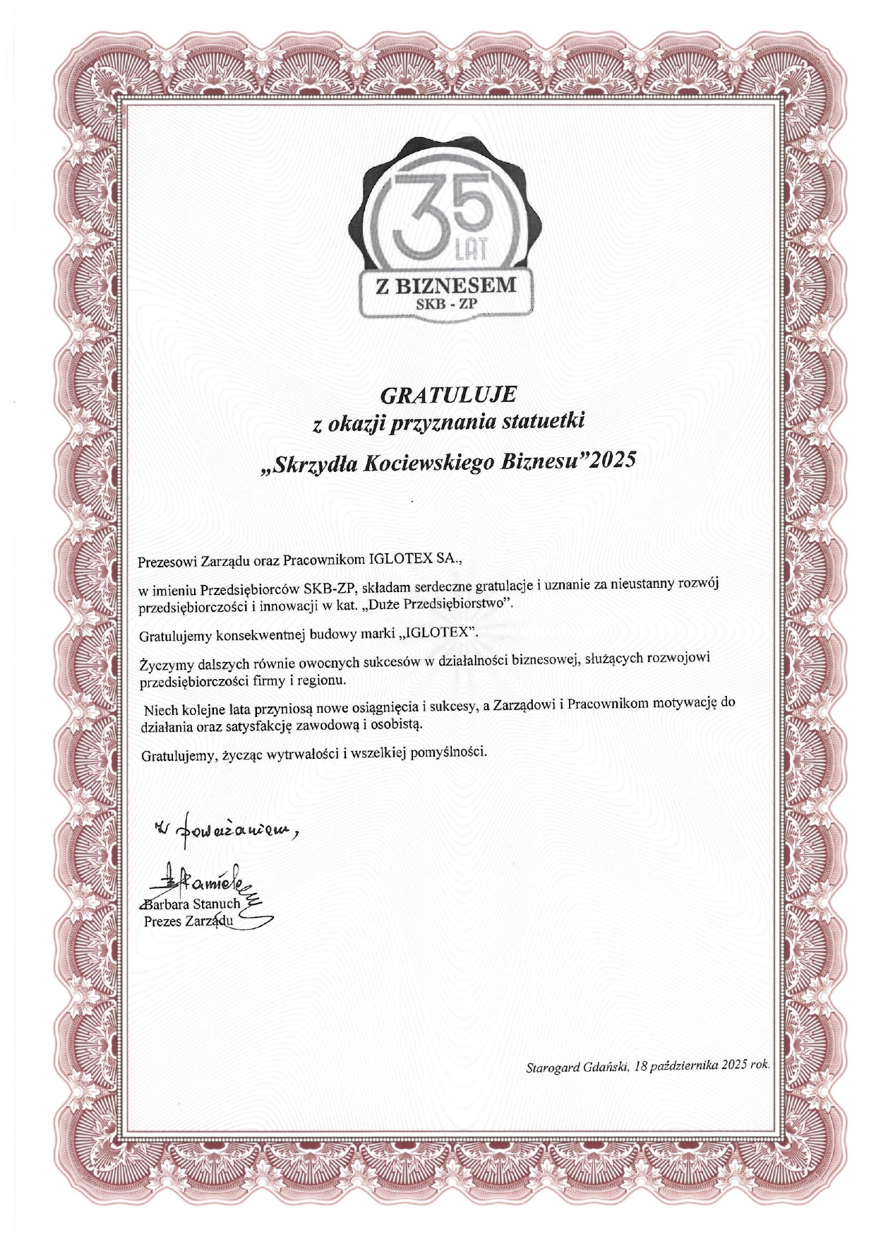 Skrzydła Kociewskiego Biznesu 2025 – prestiżowe wyróżnienie dla IGLOTEX S.A.